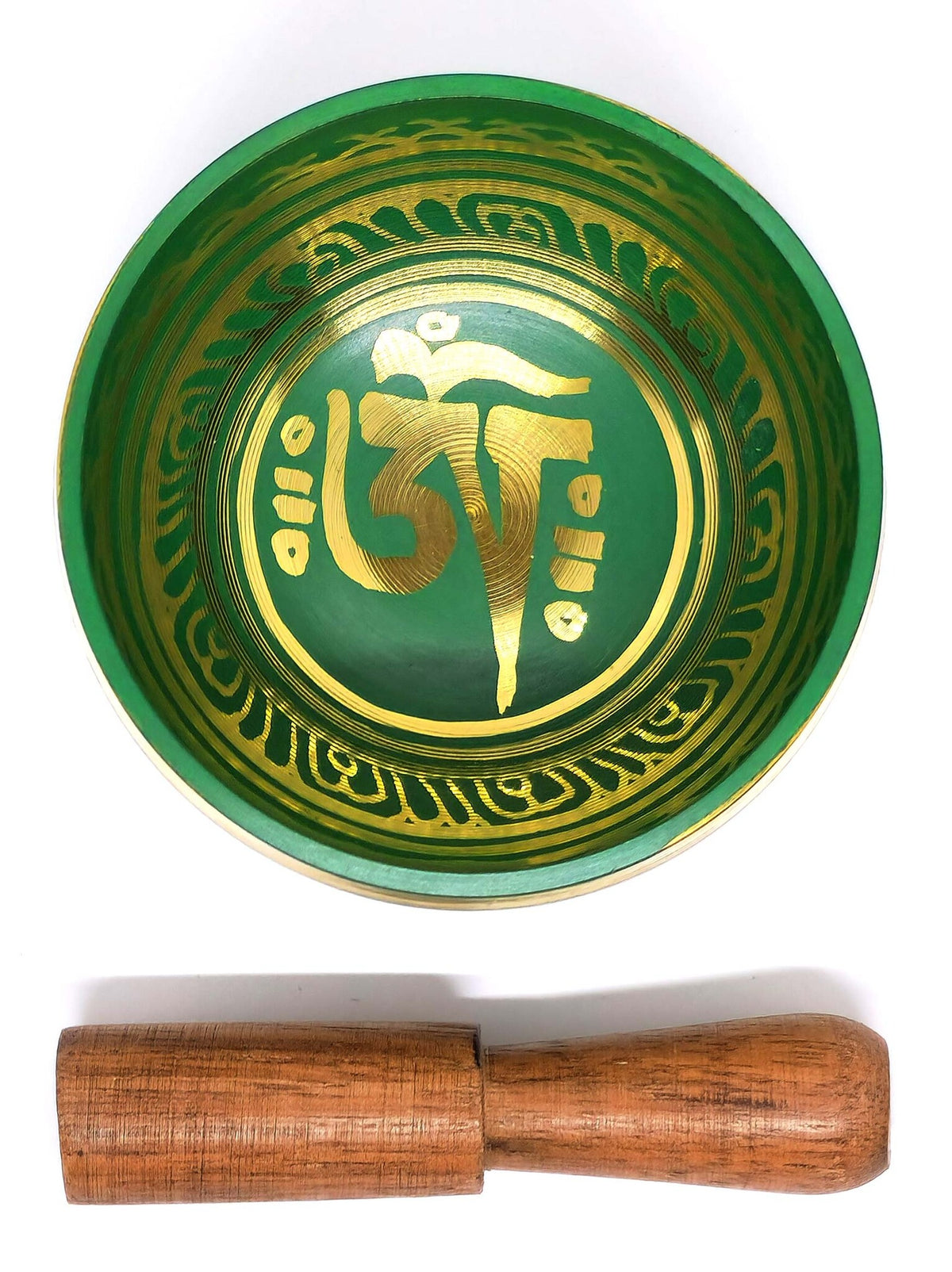 Tibetische Klangschale aus Messing mit Mantra, 3-teilig, grün, Ø 8cm, 190g
