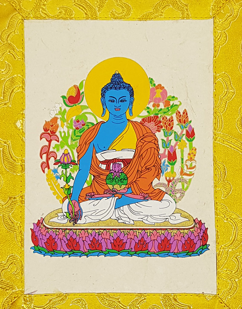 Tibetisches Thangka Medizin Buddha, handgedruckt auf Reispapier, mini