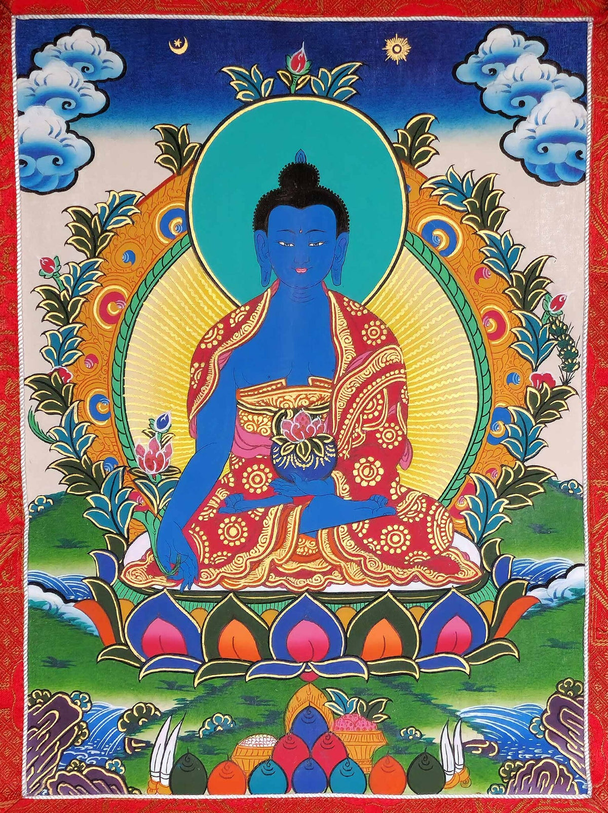 Tibetan Thangka Medicine Buddha, Made of High Quality Brocade, 80 x 50 cm