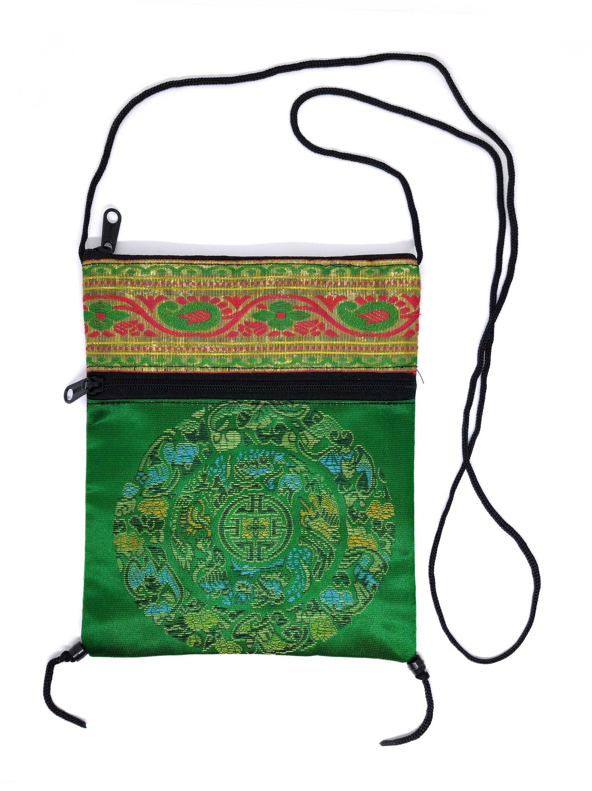 Petite sacoche tibétaine à bandoulière en brocart de soie à mandala, verte