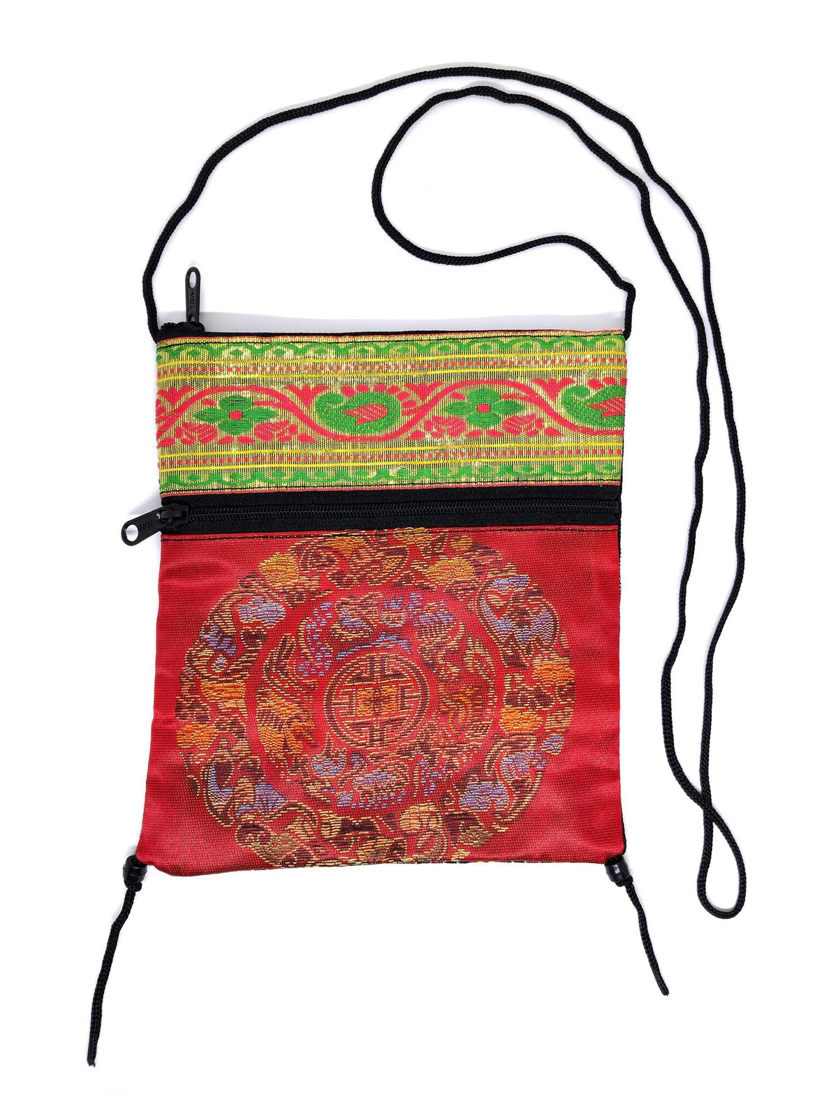 Petite sacoche tibétaine à bandoulière en brocart de soie à mandala, rouge