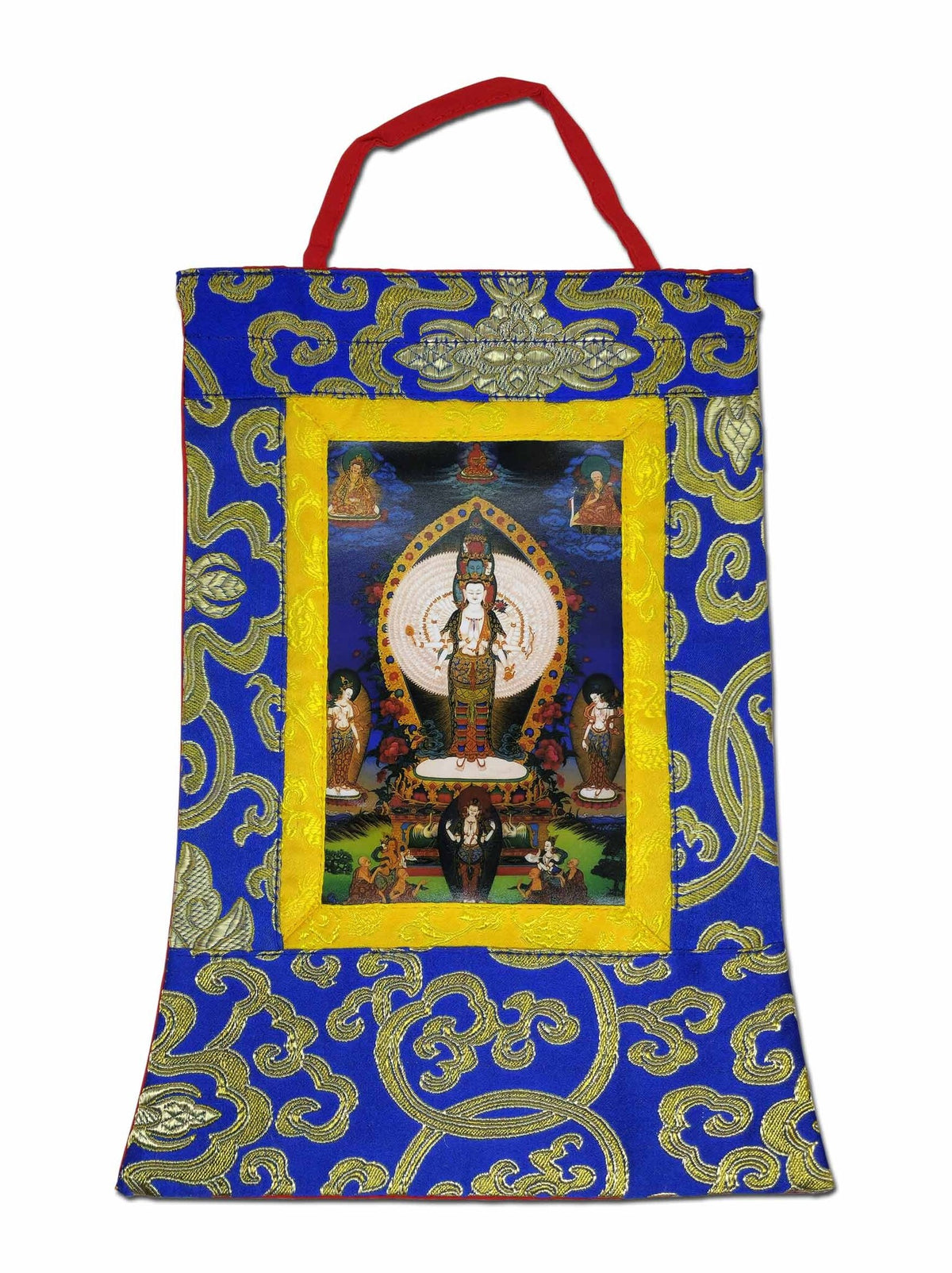 Tibetisches Thangka Tausendarmiger Tausendäugiger Chenrezig mini aus Seidenbrokat