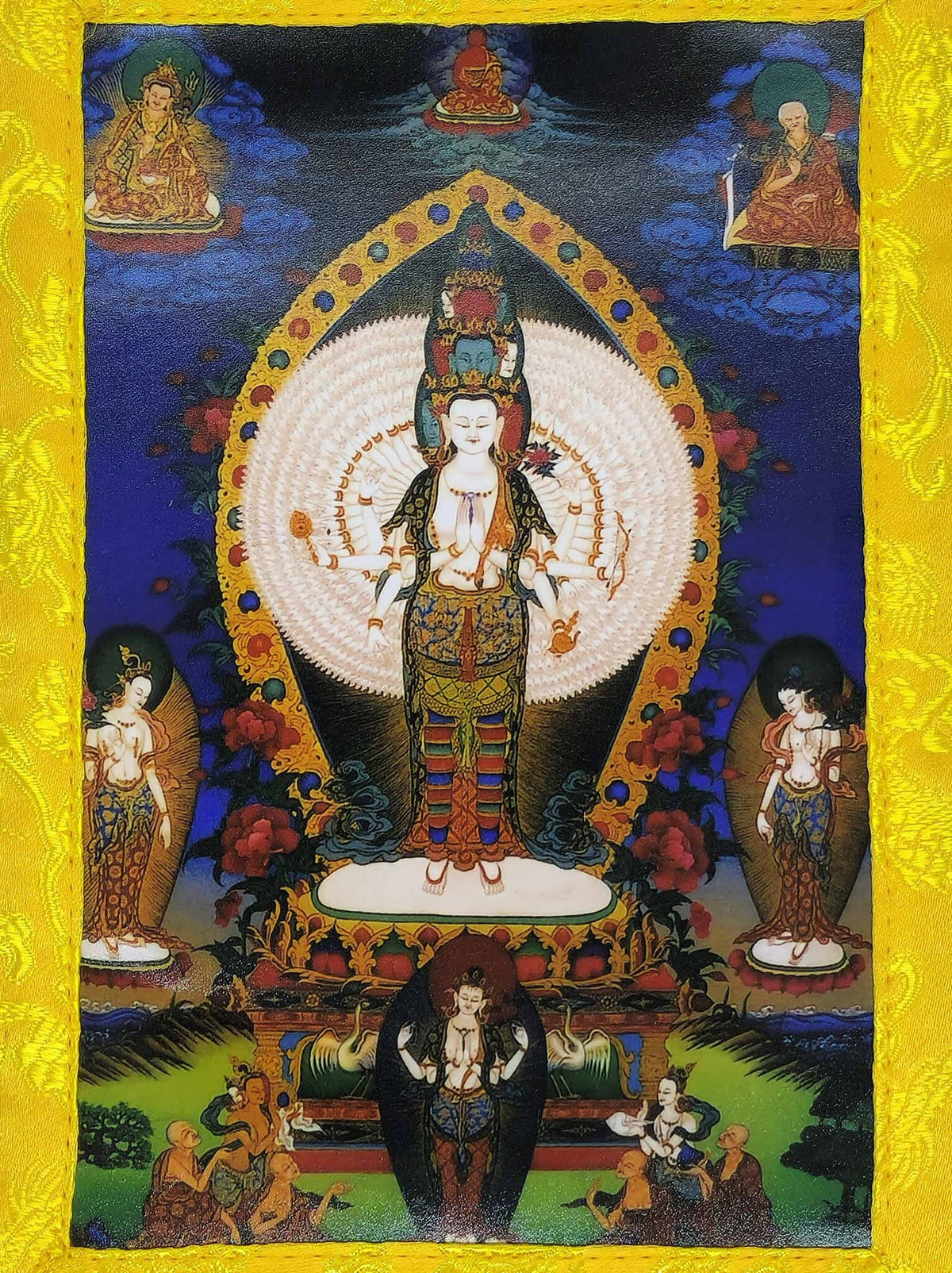 Tibetisches Thangka Tausendarmiger Tausendäugiger Chenrezig mini aus Seidenbrokat