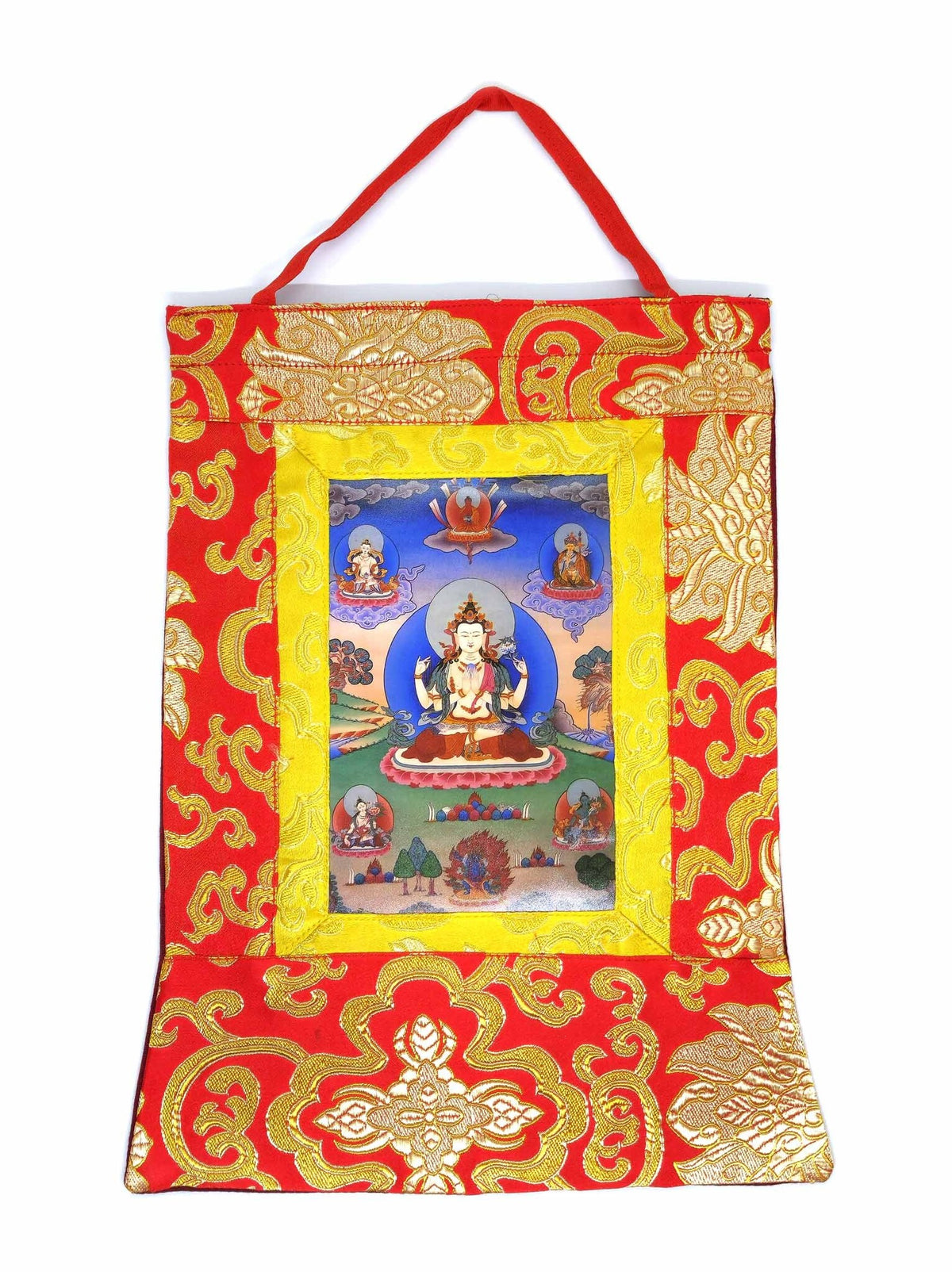 Tibetisches Chenrezig Thangka mini aus Seidenbrokat