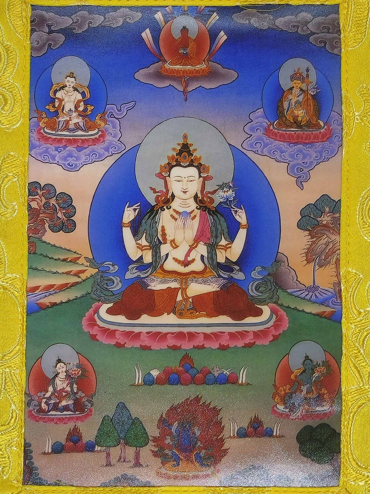 Tibetisches Chenrezig Thangka mini aus Seidenbrokat