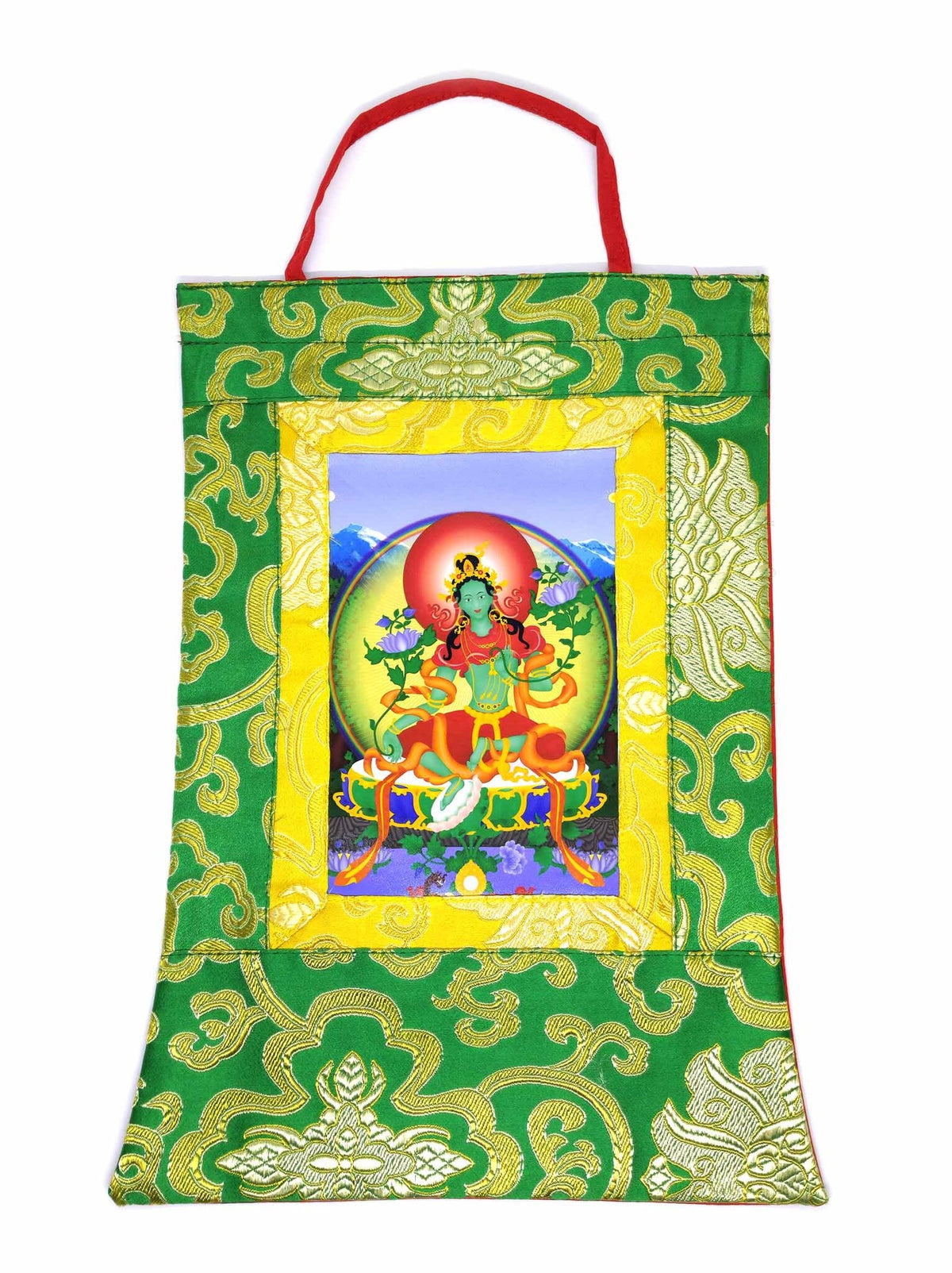 Grüne Tara Thangka mini aus Seidenbrokat
