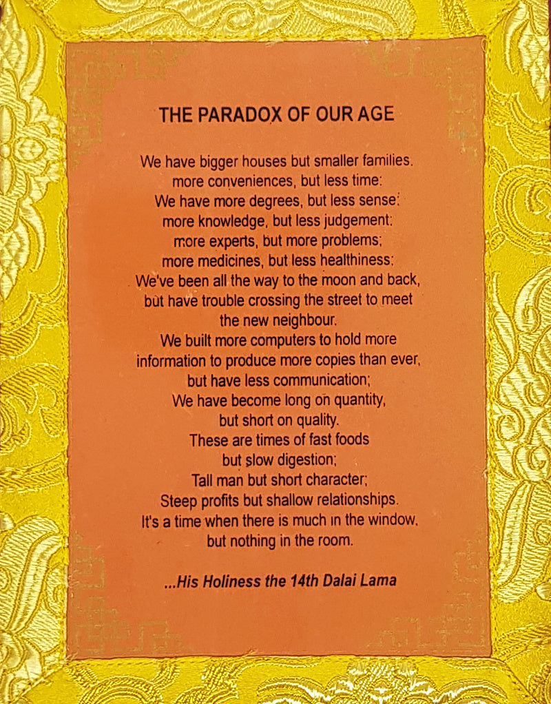 Tibetisches Thangka Dalai Lama Zitat "PARADOX OF OUR AGE"