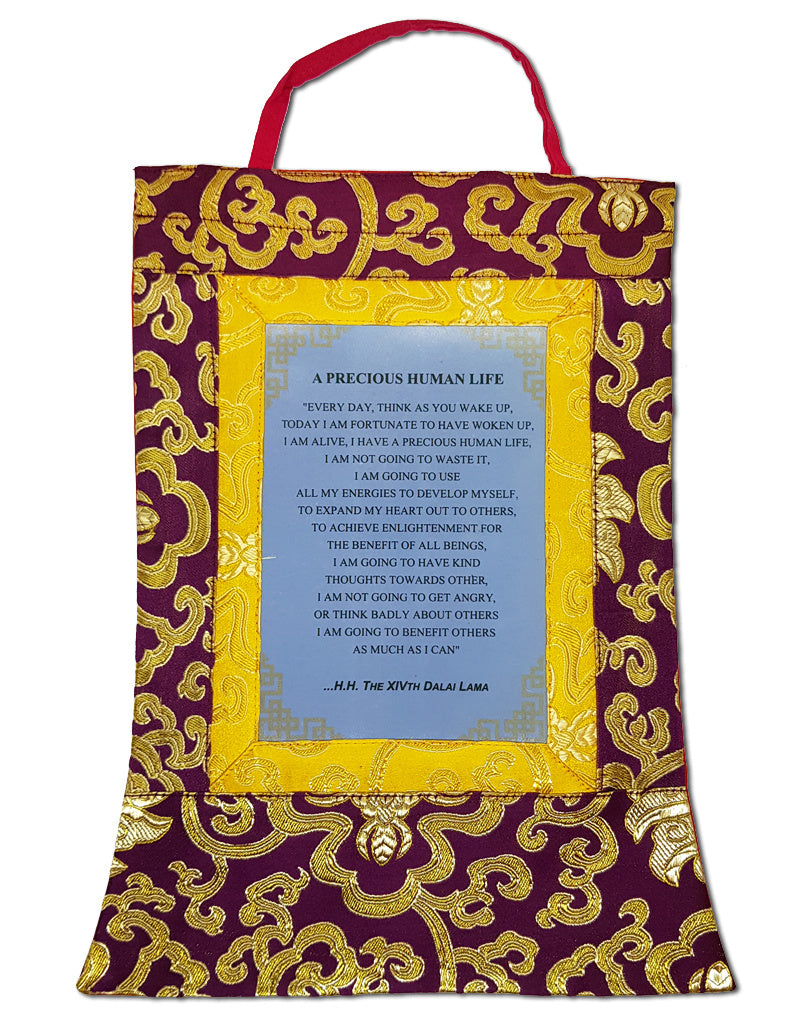 Tibetisches Thangka Dalai Lama Zitat "PRECIOUS HUMAN LIFE"