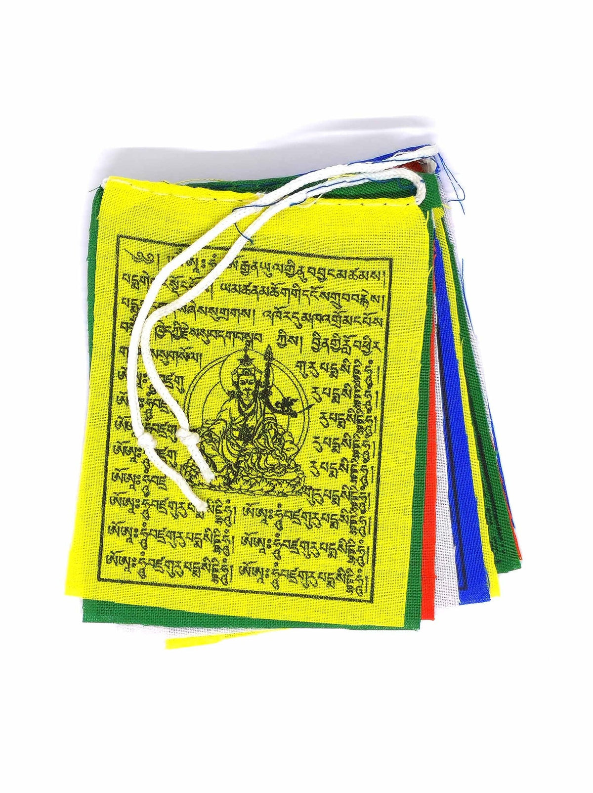 Drapeaux de prière tibétains miniatures en coton, Gourou Rinpoché, 7 x 8,5 cm, 75 cm