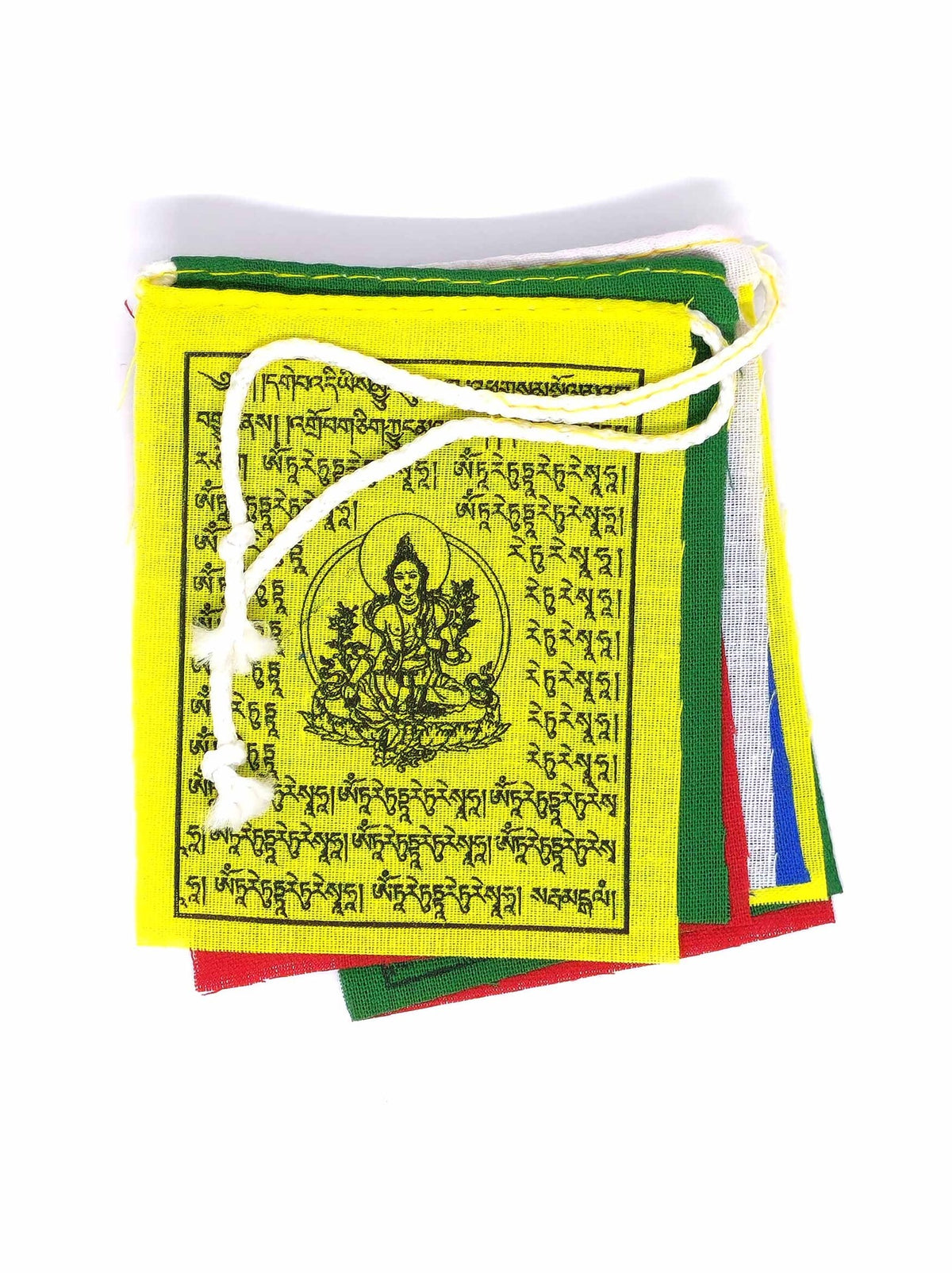 Drapeaux de prière tibétains miniatures en coton, Tara verte, 7 x 8,5 cm, 75 cm