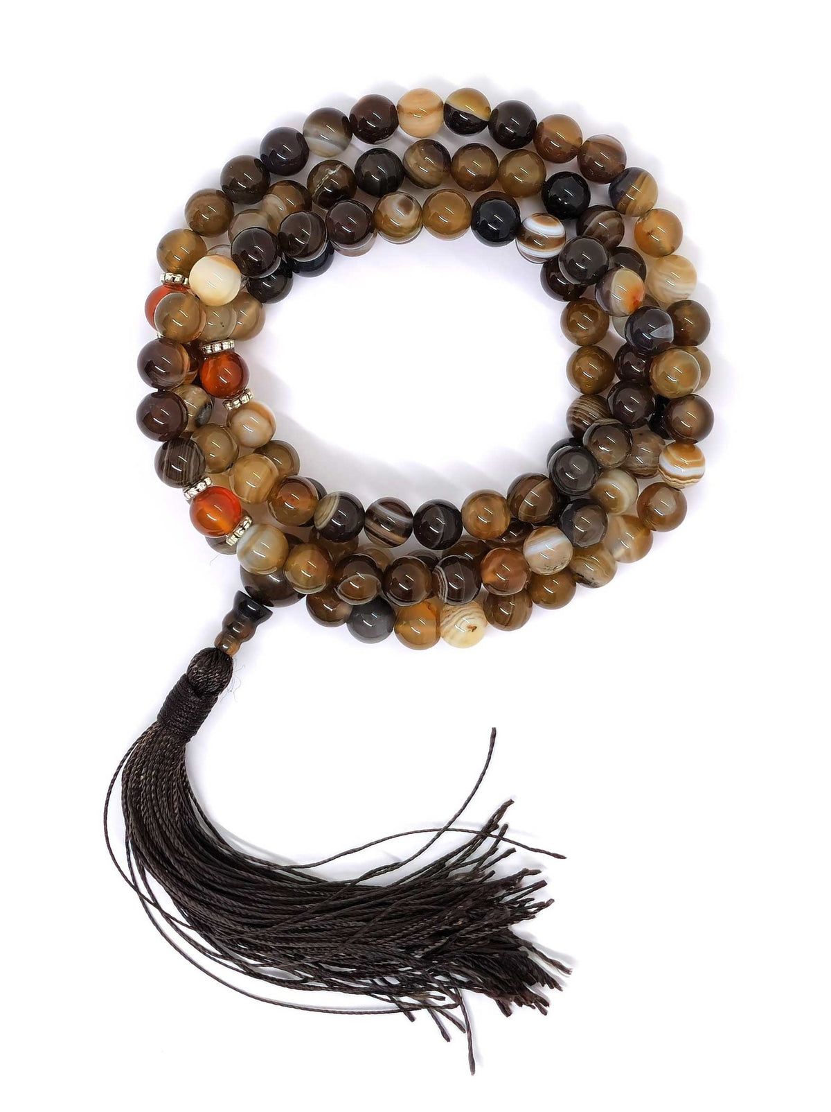 Tibetan Prayer Beads Japa Mala mixed Gemstones, brown Tassel