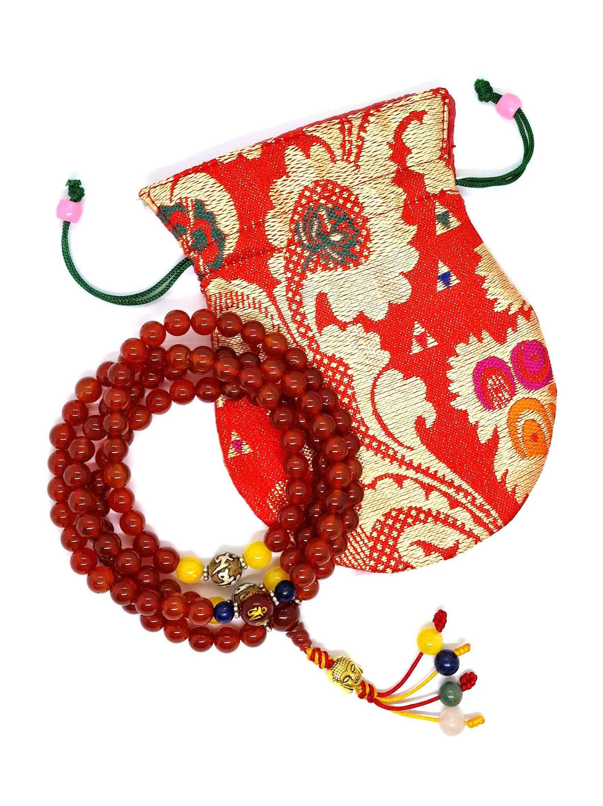 Tibetan Prayer Beads Carnelian Mala With Mani Mantra Spacers and Buddha