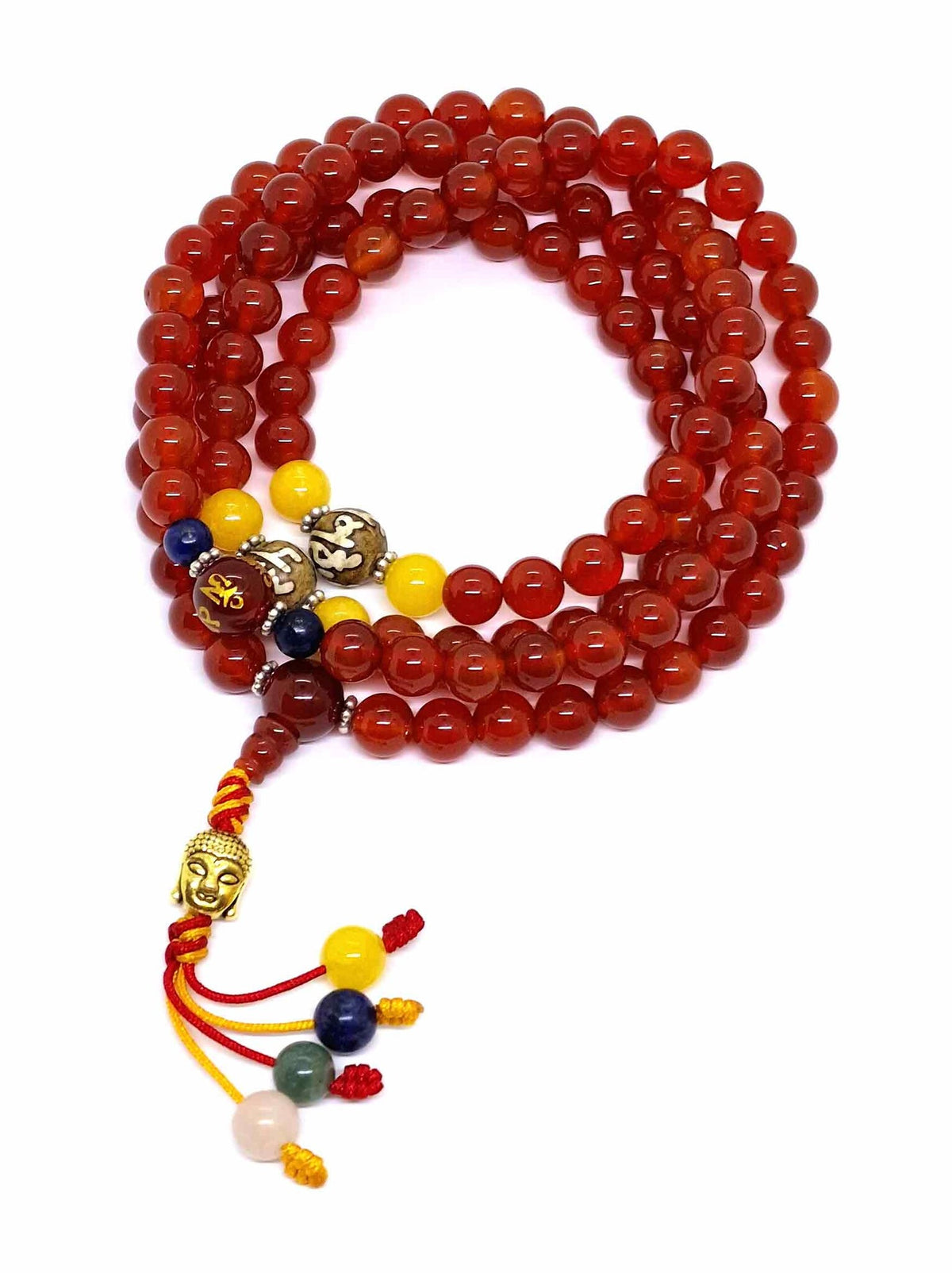 Tibetan Prayer Beads Carnelian Mala With Mani Mantra Spacers and Buddha