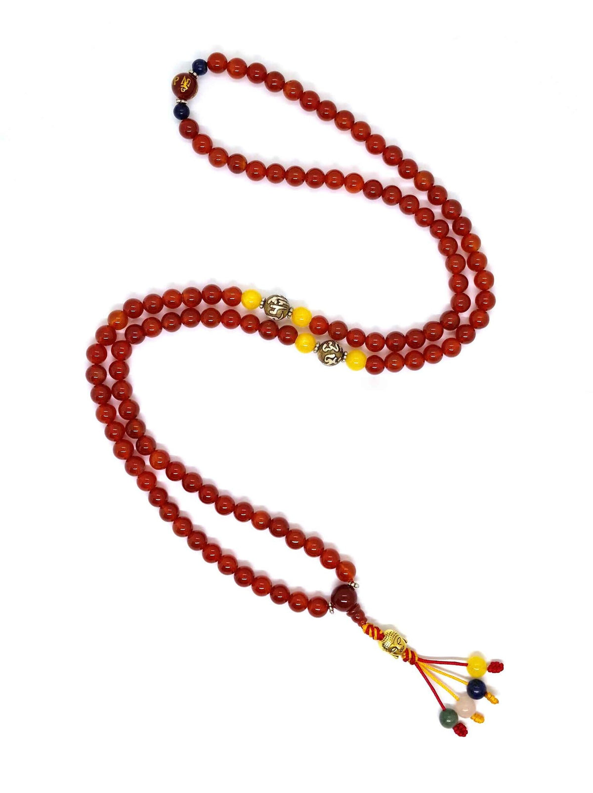 Mala tibetana Karneol con Mani Mantra distanziatori e Buddha