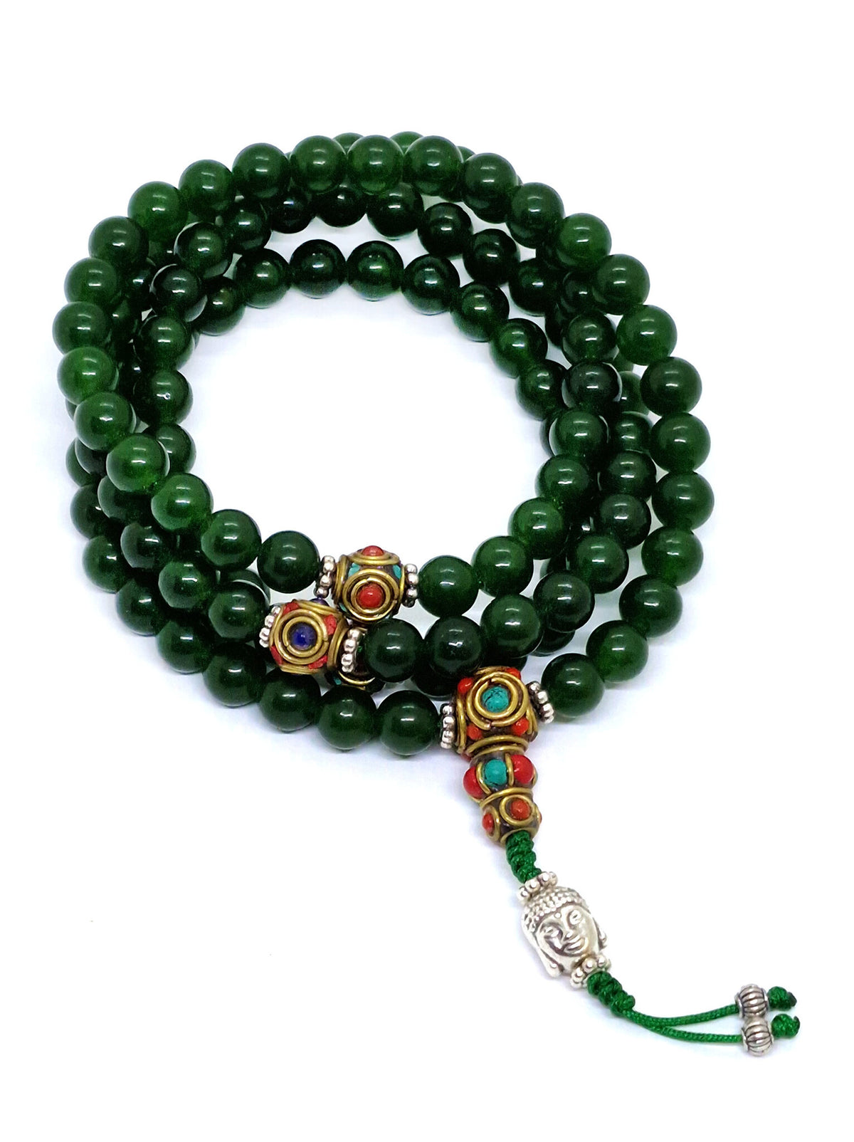 Tibetan Prayer Beads Jade Stone Mala with Spacers and Buddha