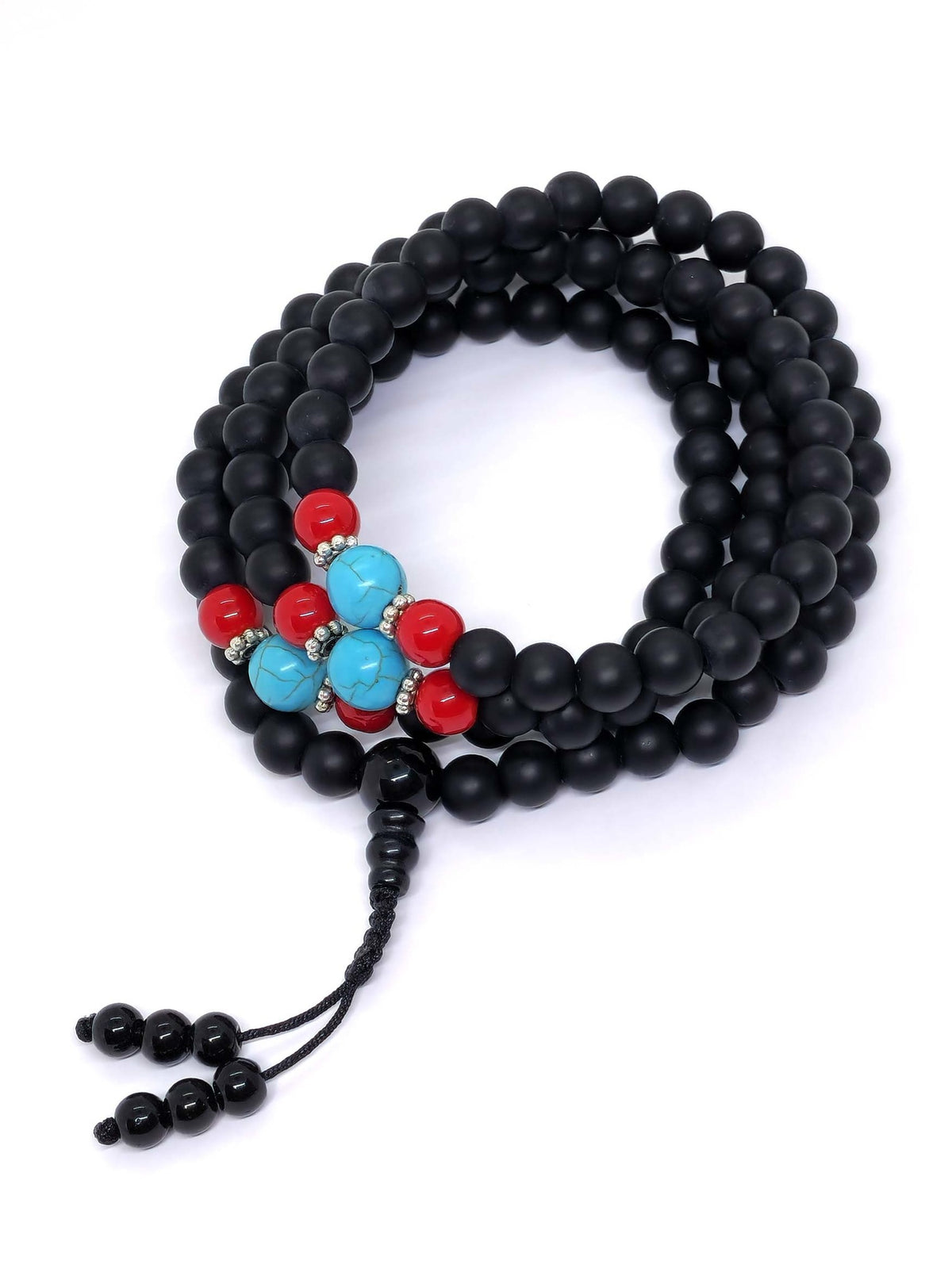 Tibetan Prayer Beads Mala Matte Onyx Stone With Coral And Turquoise Spacers