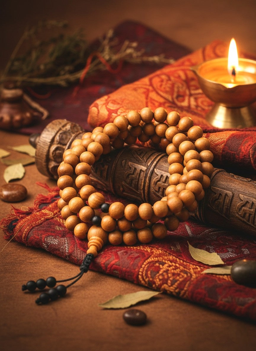 Tibetische Gebetskette Mala Sandelholz mit Onyx handgefertigt