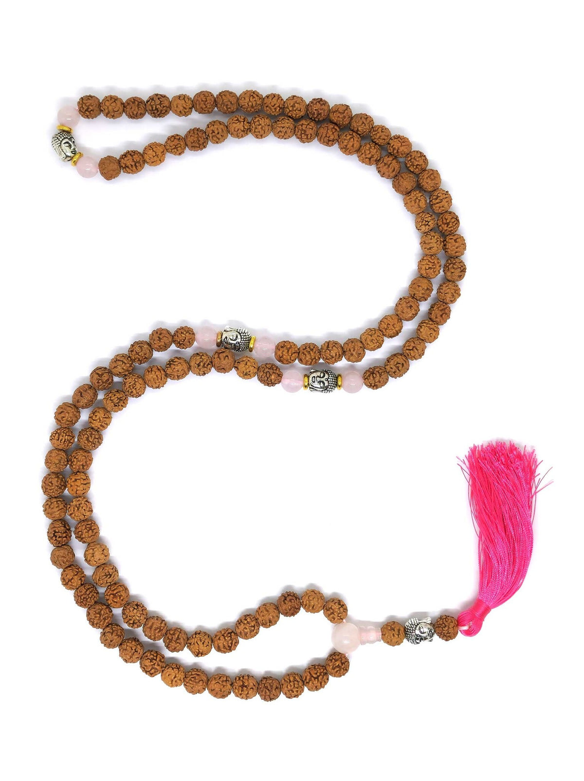 Tibetan Prayer Beads Rudraksha Mala with Tassel, Adorned with Rose Quartz and Buddha