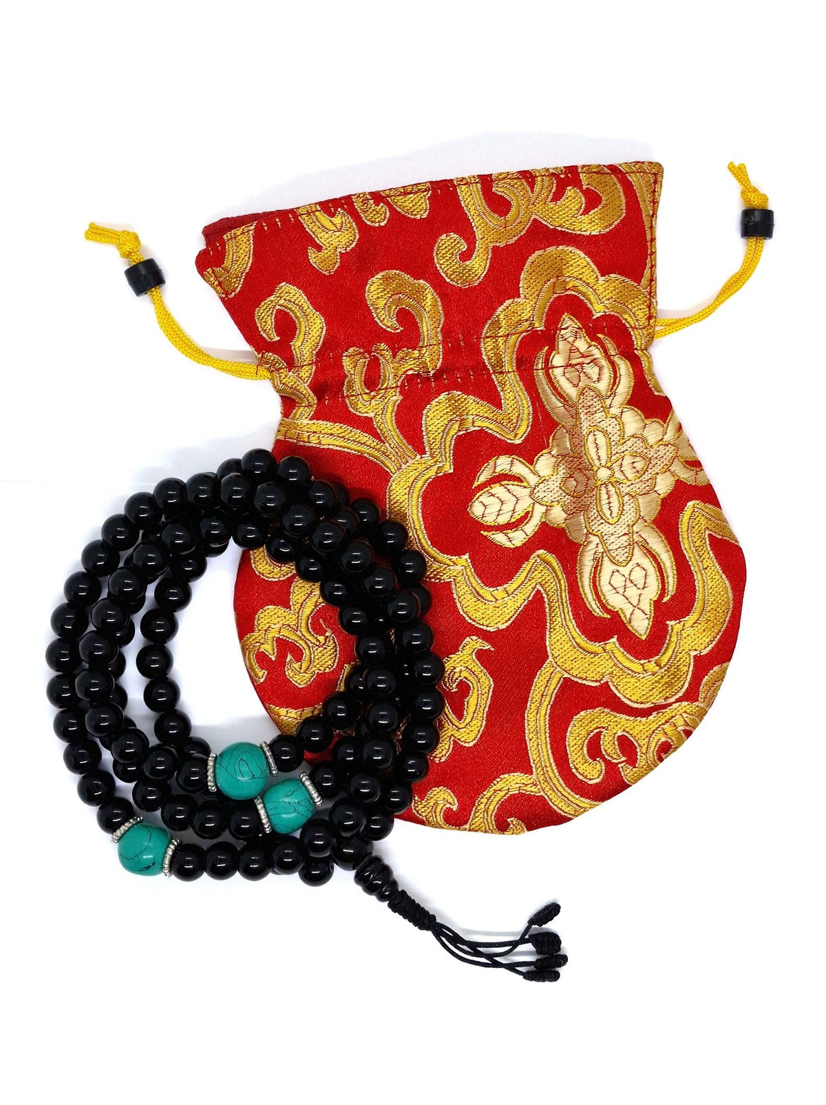 Tibetan Prayer Beads Black Onyx with 3 Turquoise Marker Beads