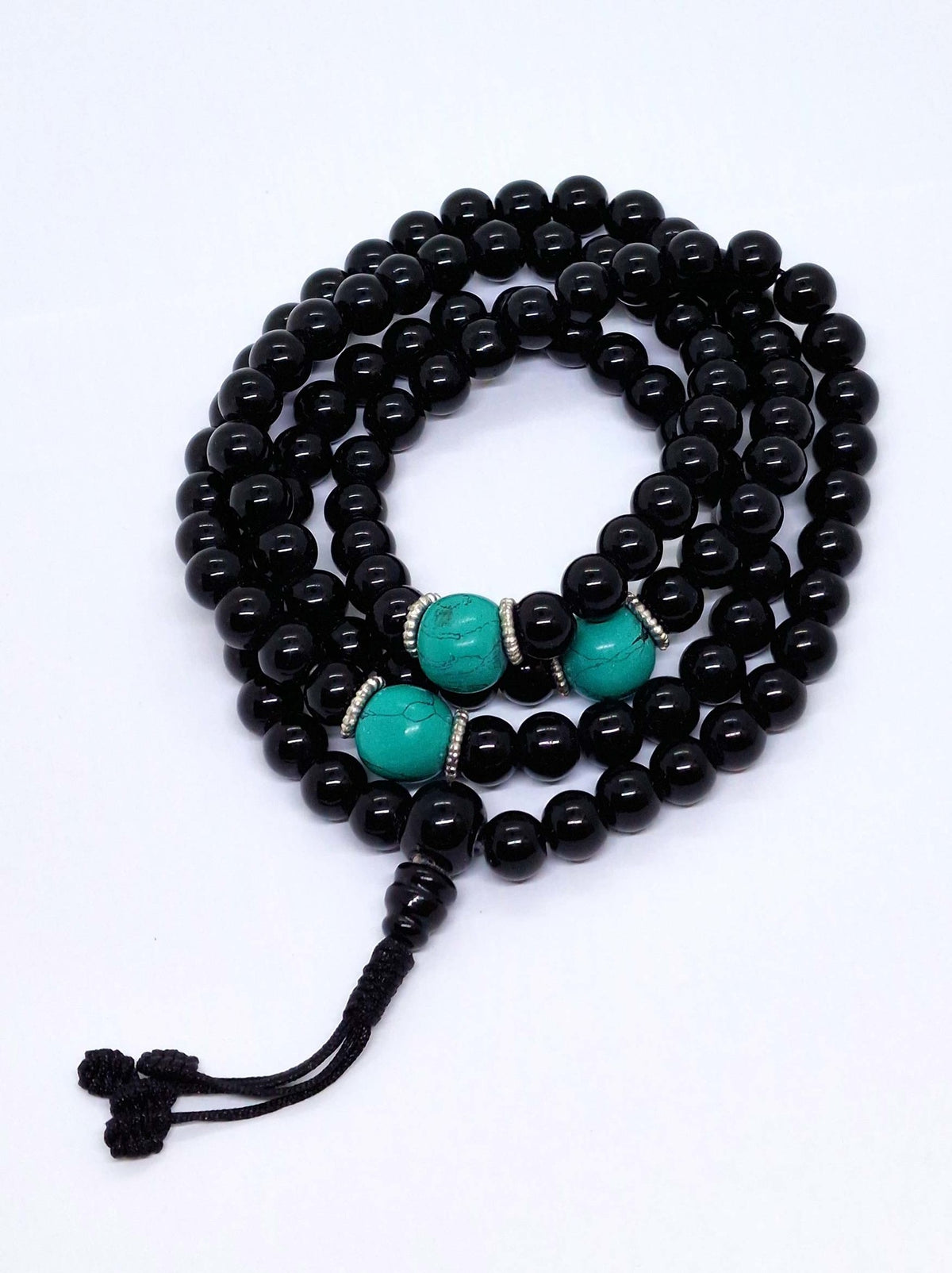 Tibetan Prayer Beads Black Onyx with 3 Turquoise Marker Beads