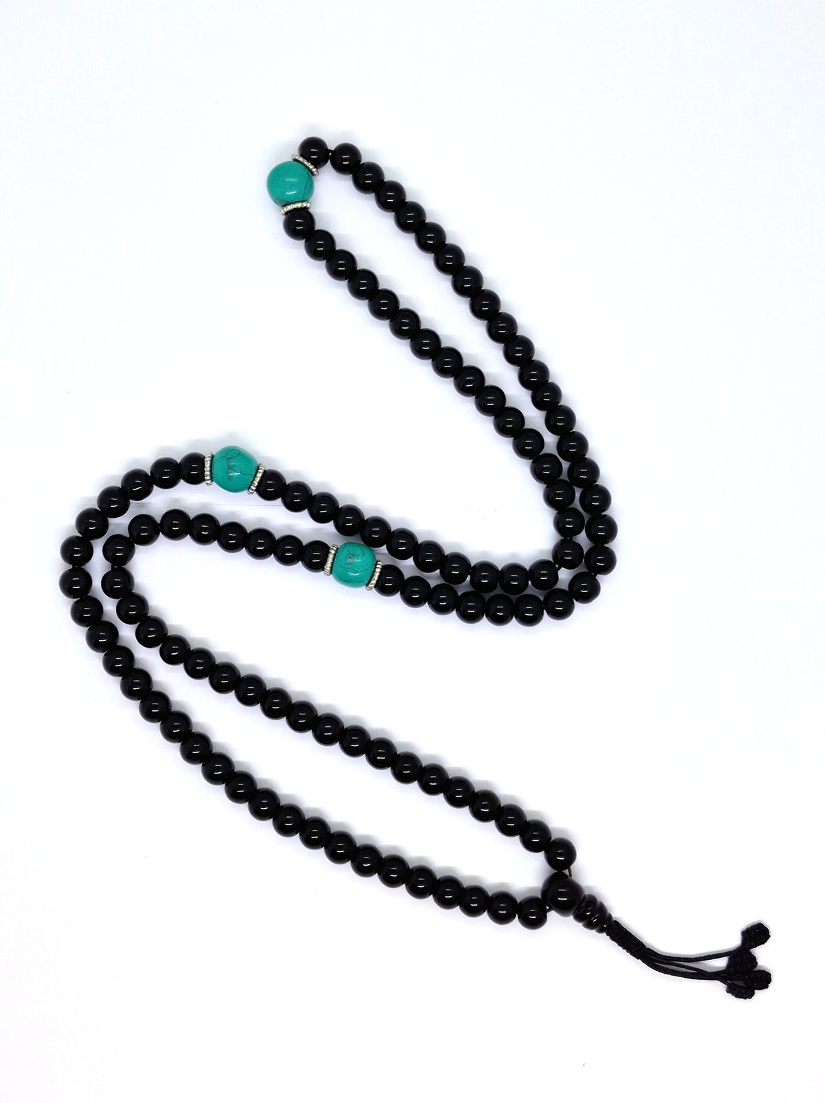 Mala tibétain onyx noir avec 3 perles repères turquoise