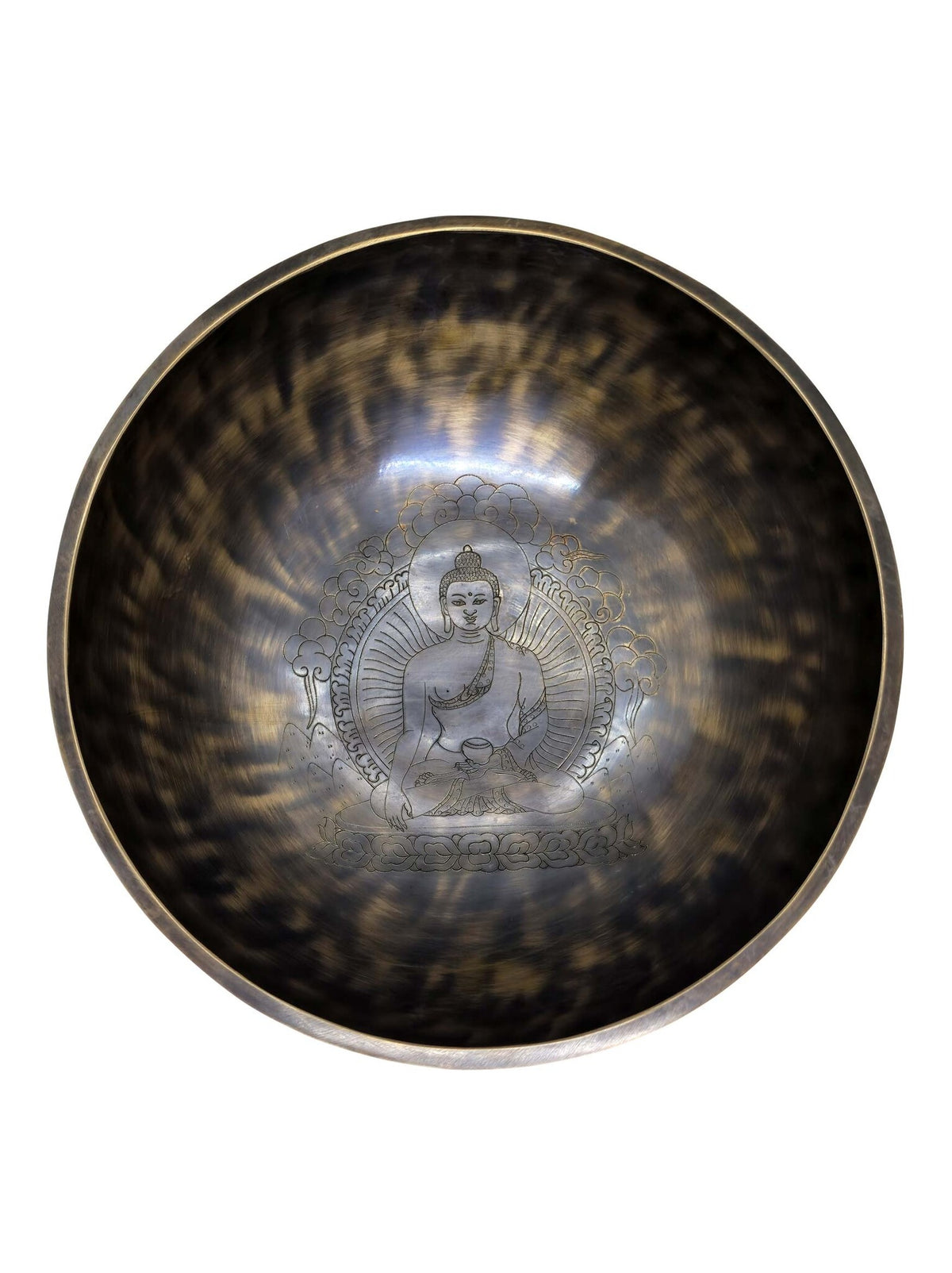 Bol chantant tibétain fait main, mantra et Bouddha gravés, Ø 25 cm, 2 kg