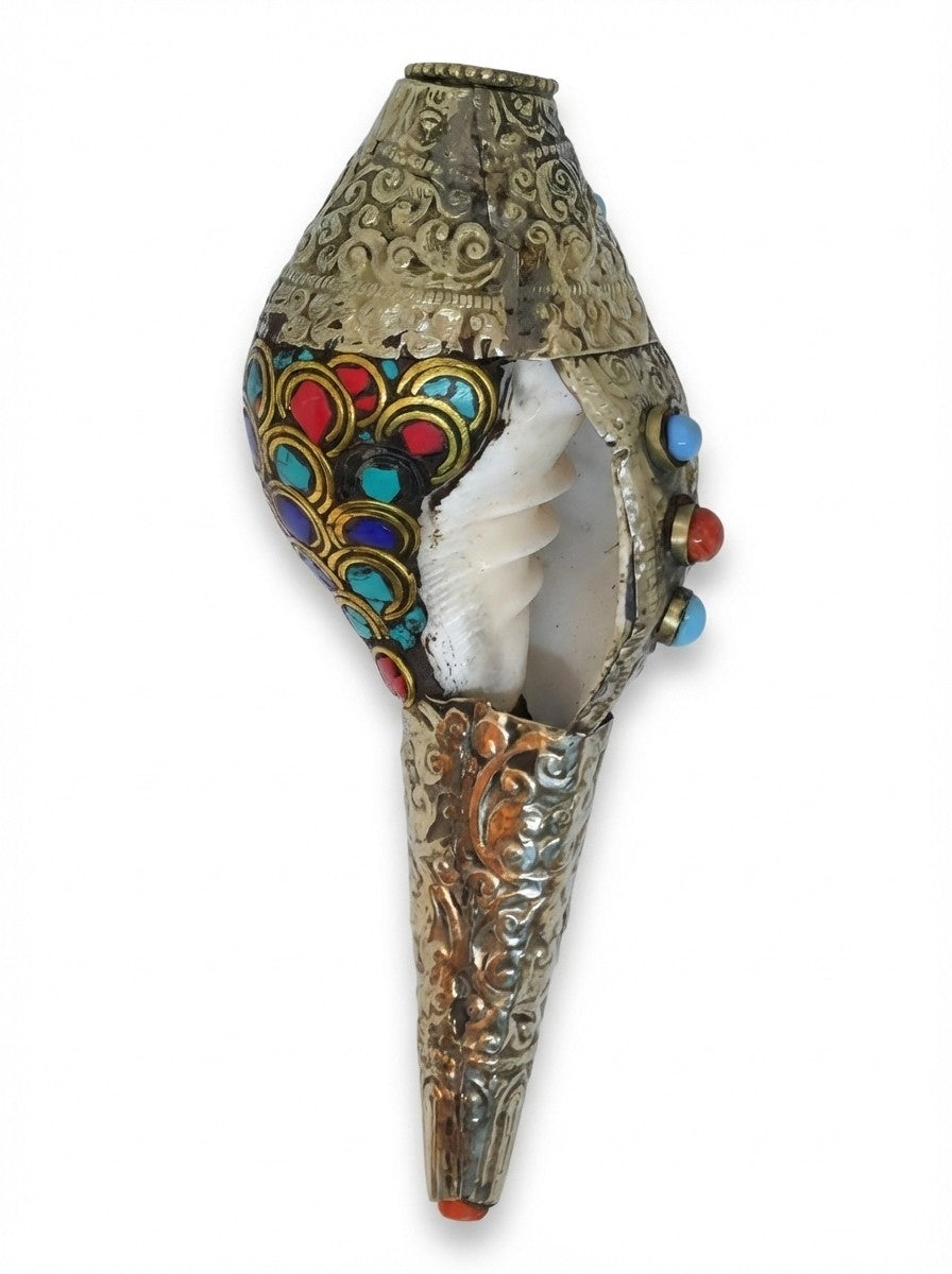 Tibetische Mantra Muscheltrompete Shankha mit Edelsteinen