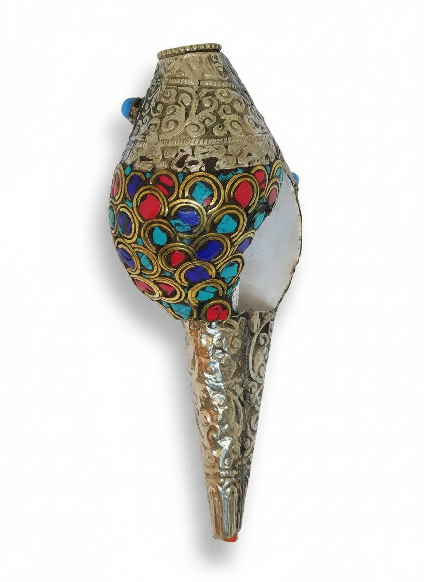 Tibetan Mantra Conch Trumpet Shankha with Gemstones