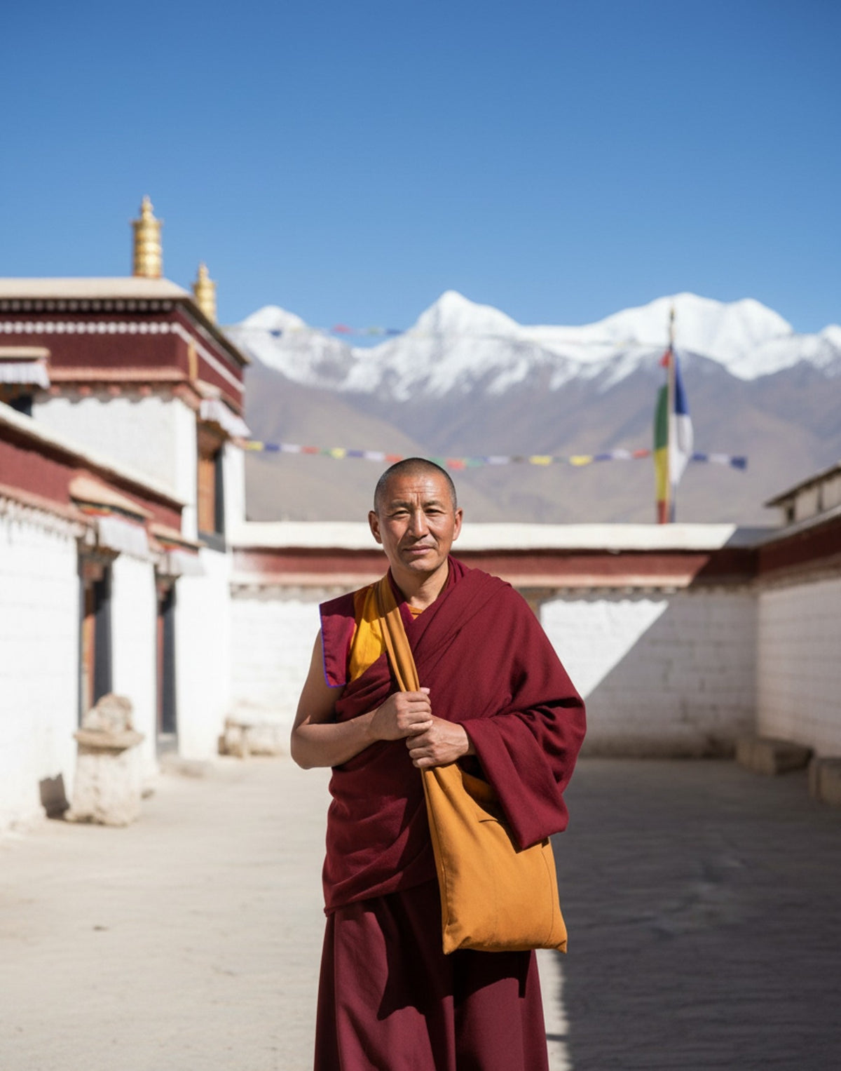 Borsa da monaco tibetana in cotone, fatto a mano in Nepal, giallo scuro