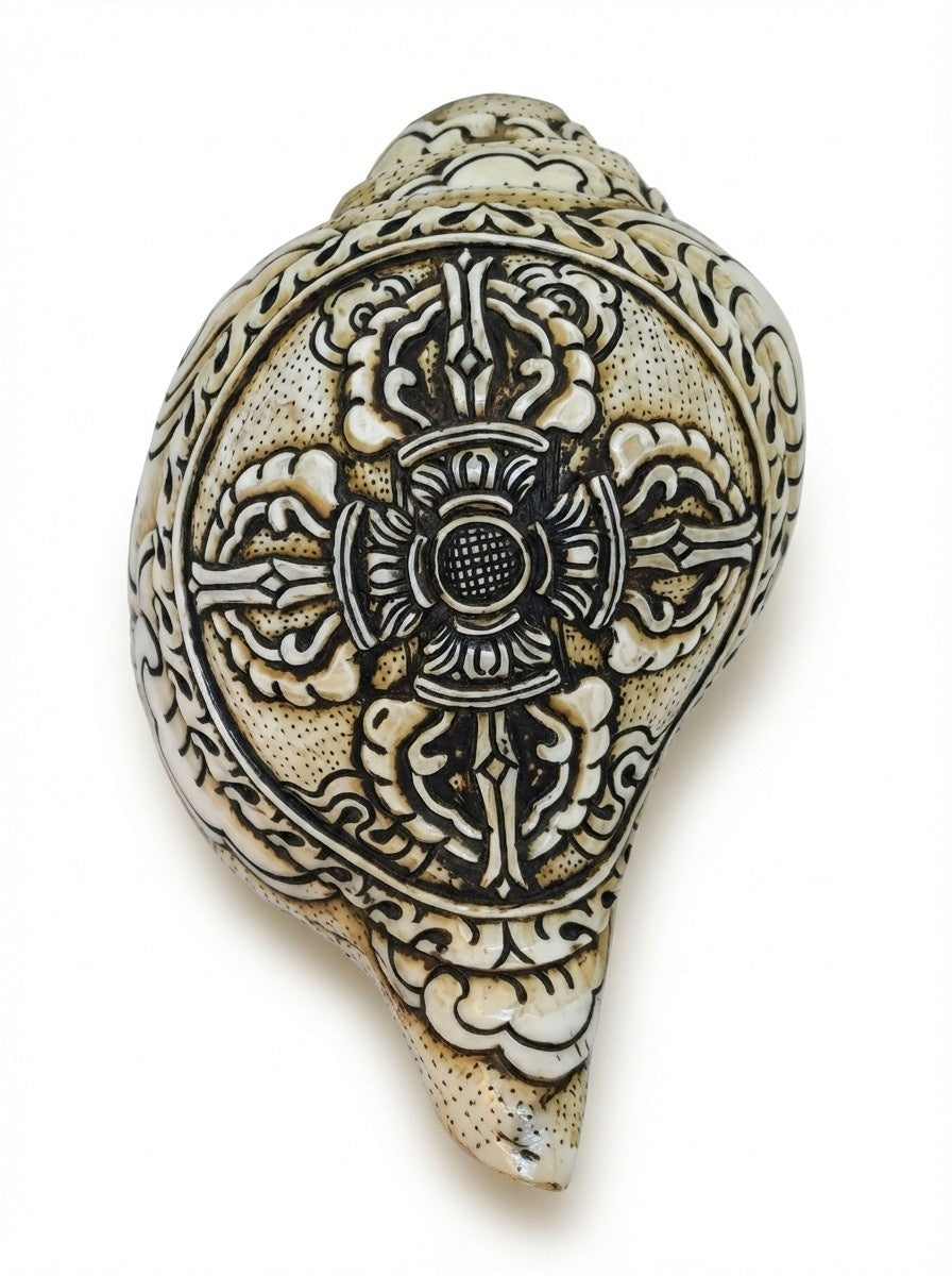 Tibetan Carved Double Dorje Conch Trumpet Dung-Kar