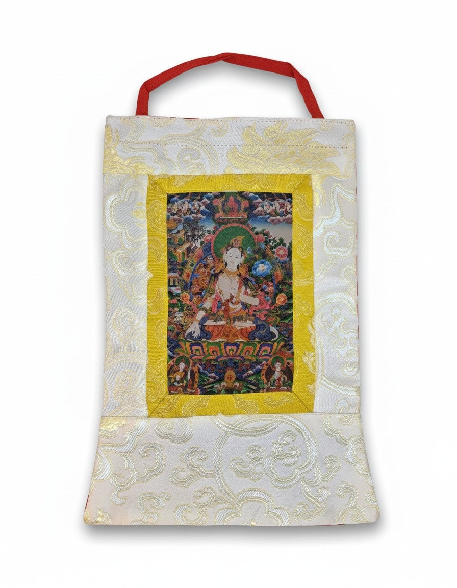 Weisse Tara Thangka mini aus Seidenbrokat