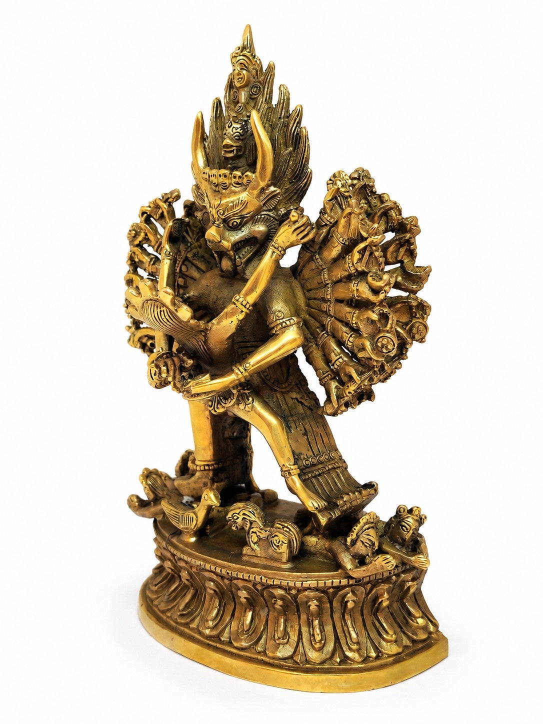 Tibetische Shinjé Shed Yab-Yum Statue aus Messing und Kupfer, Yamantaka und Vajravārāhī in Vereinigung, 18cm