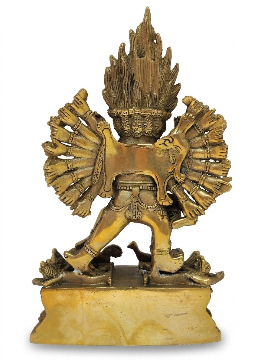Tibetische Shinjé Shed Yab-Yum Statue aus Messing und Kupfer, Yamantaka und Vajravārāhī in Vereinigung, 18cm