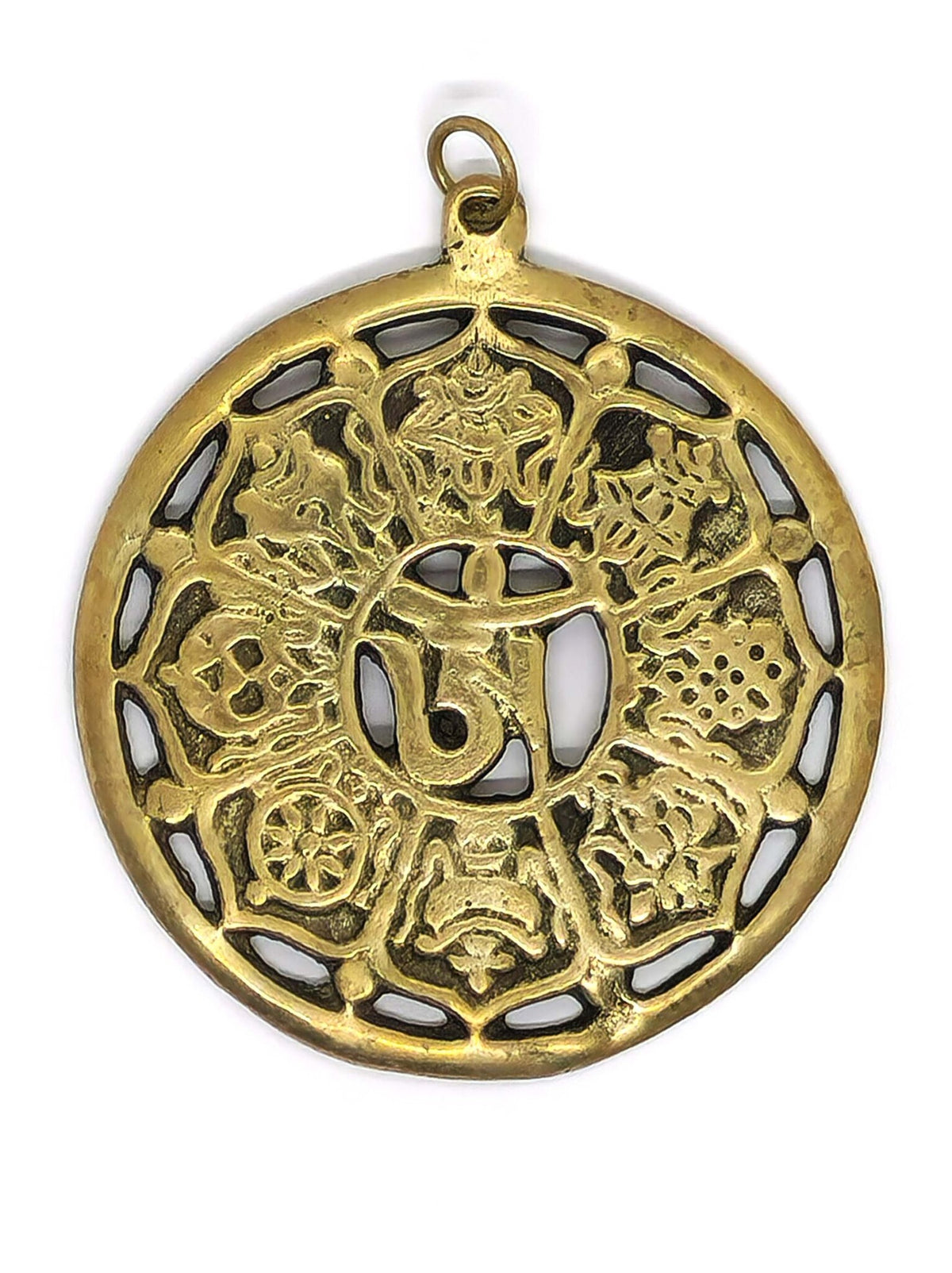 Tibetan Brass Pendant with 8 Auspicious Symbols