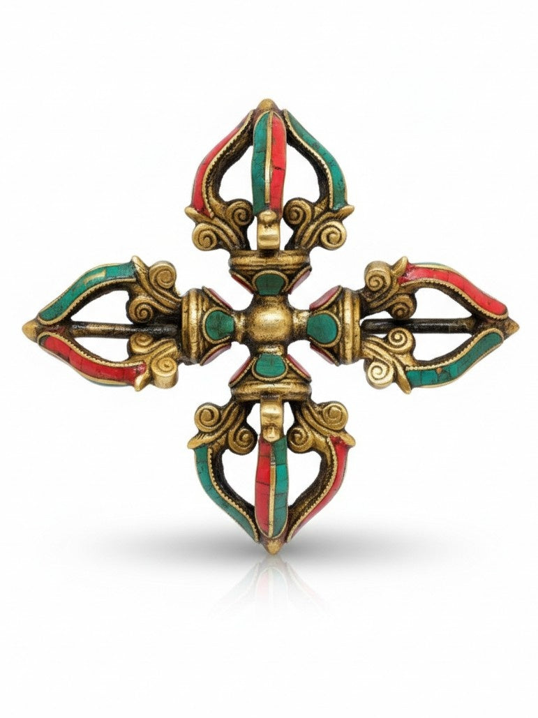 Tibetan Flower Double Dorje Brass with Stone Inlay