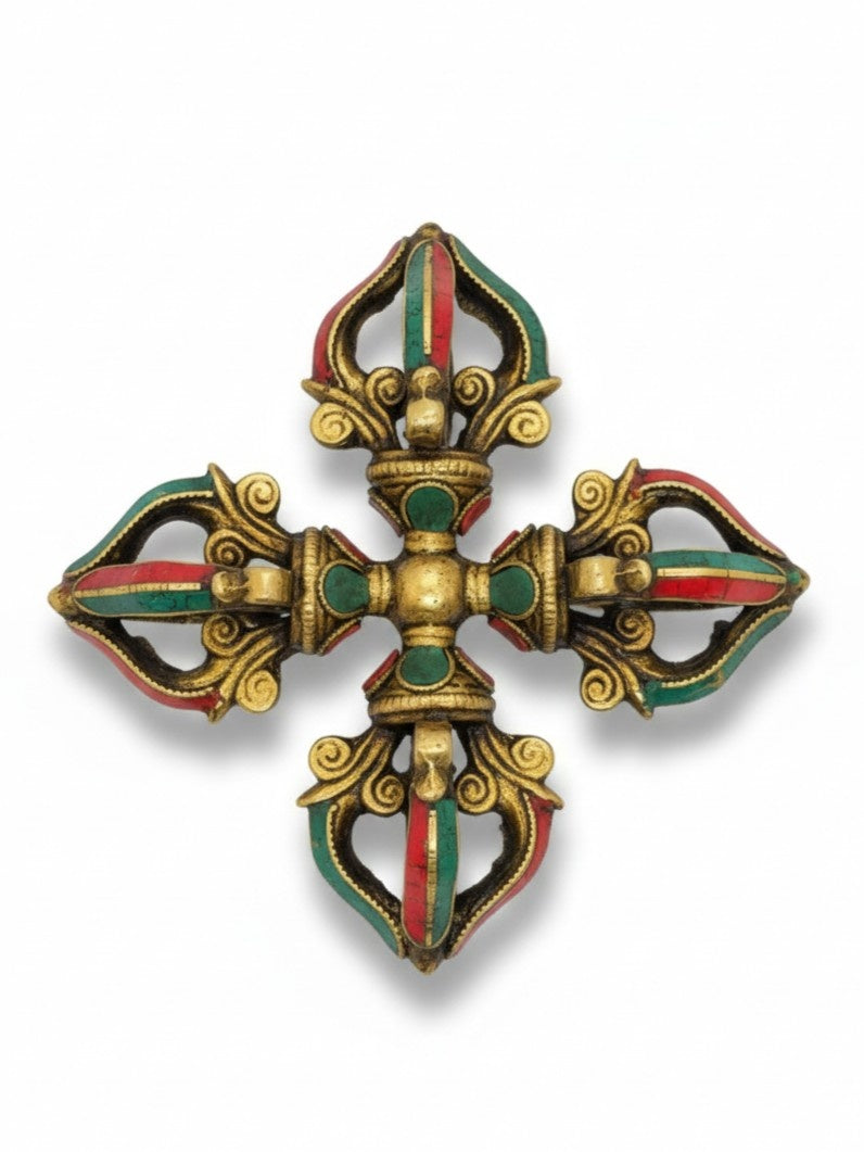 Tibetan Flower Double Dorje Brass with Stone Inlay