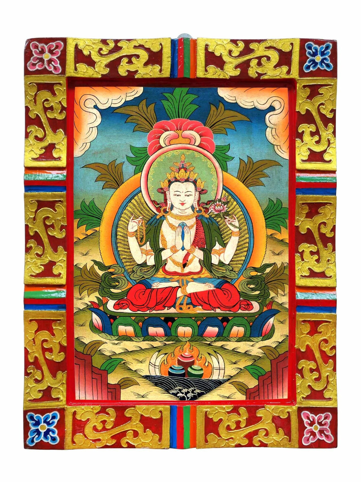 Tibetischer handbemalter Chenrezig (Avalokiteshvara) Wandbehang aus Holz