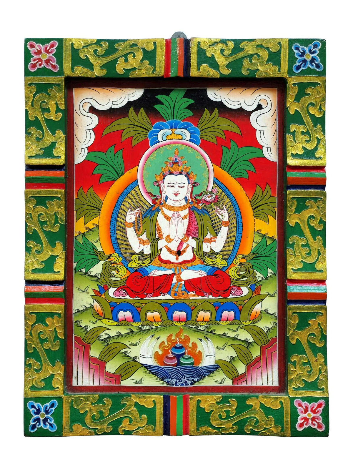 Tibetischer handbemalter Chenrezig (Avalokiteshvara) Wandbehang aus Holz