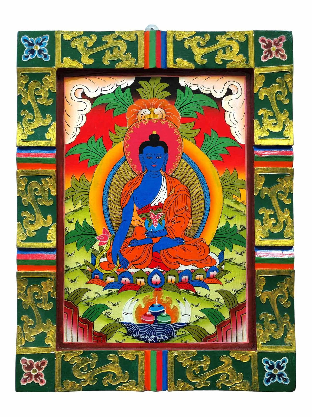 Tibetischer handbemalter Medizin-Buddha Wandbehang aus Holz
