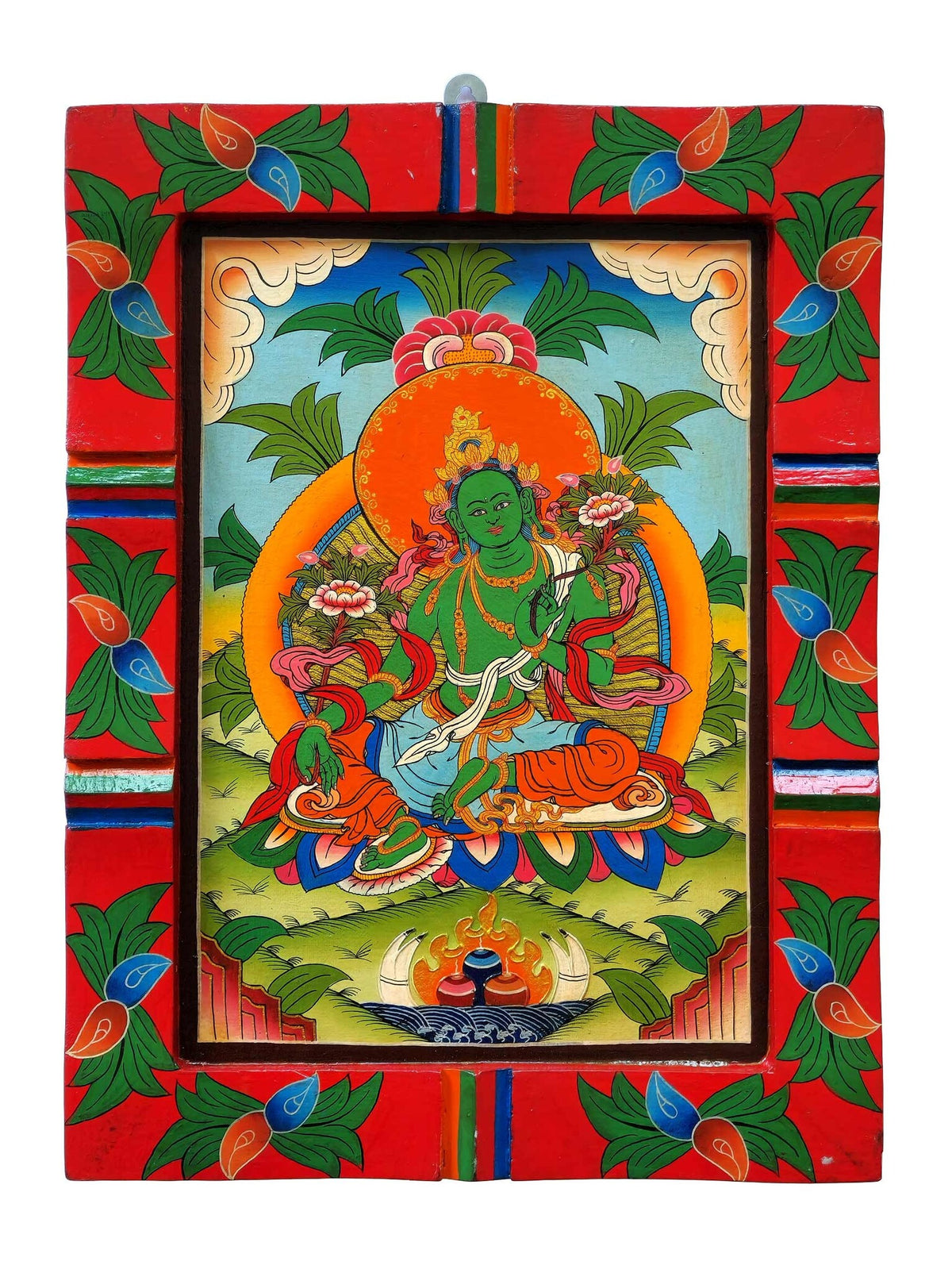 Hand-Painted Green Tara Tibetan Wooden Wall Hanging