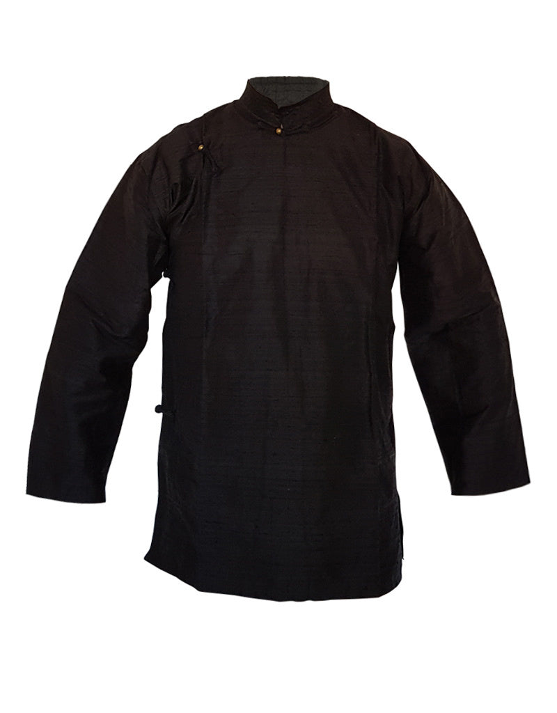 Camicia tibetana in nero seta grezza, Classico & Autentico