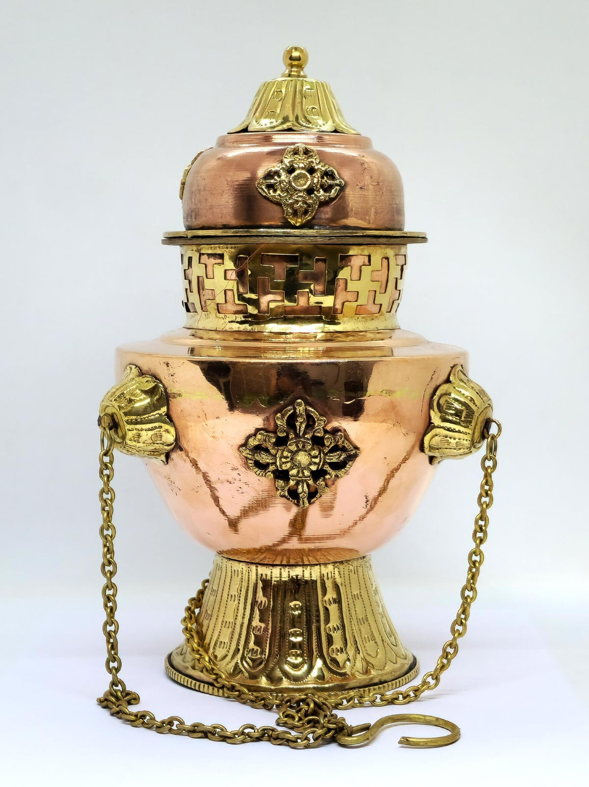 Tibetan Incense Powder Burner With Chain, adorned with Double-Dorje