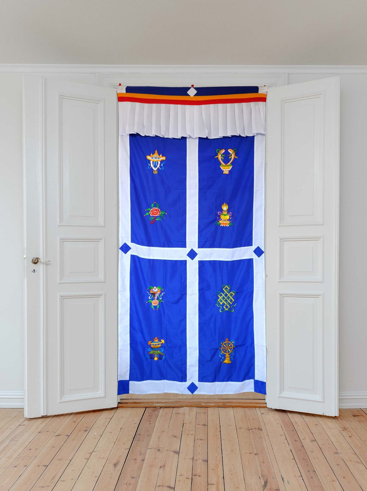 Tibetan Door Curtain 8 Auspicious Signs, blue