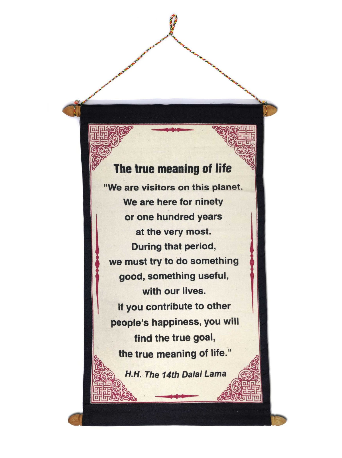 Tibetischer mini Wandbehang, Dalai Lama Zitat "The true meaning of life"