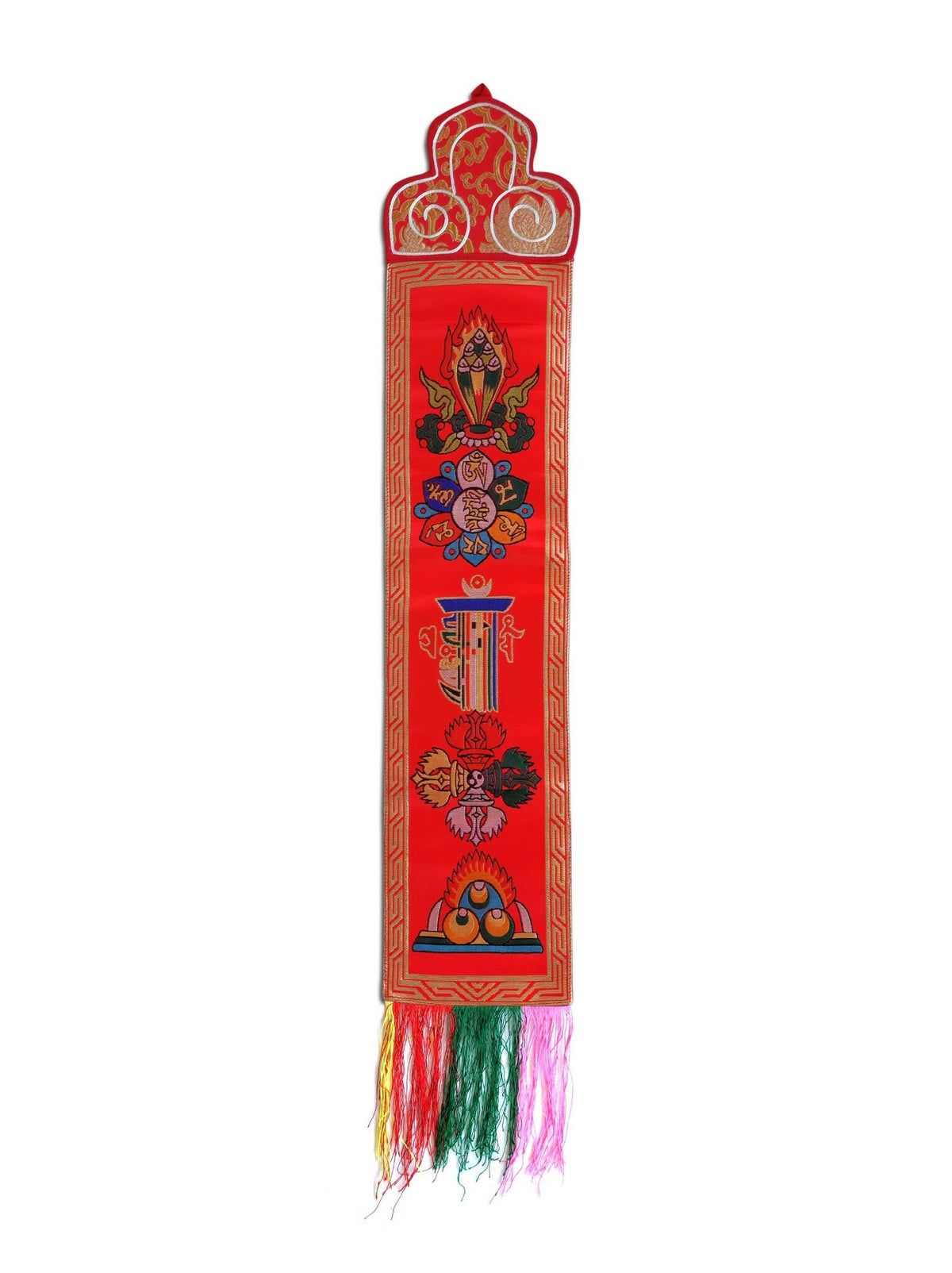 Tibetischer Wandbehang aus Seidenbrokat, glücksverheissende Symbole und Mantras