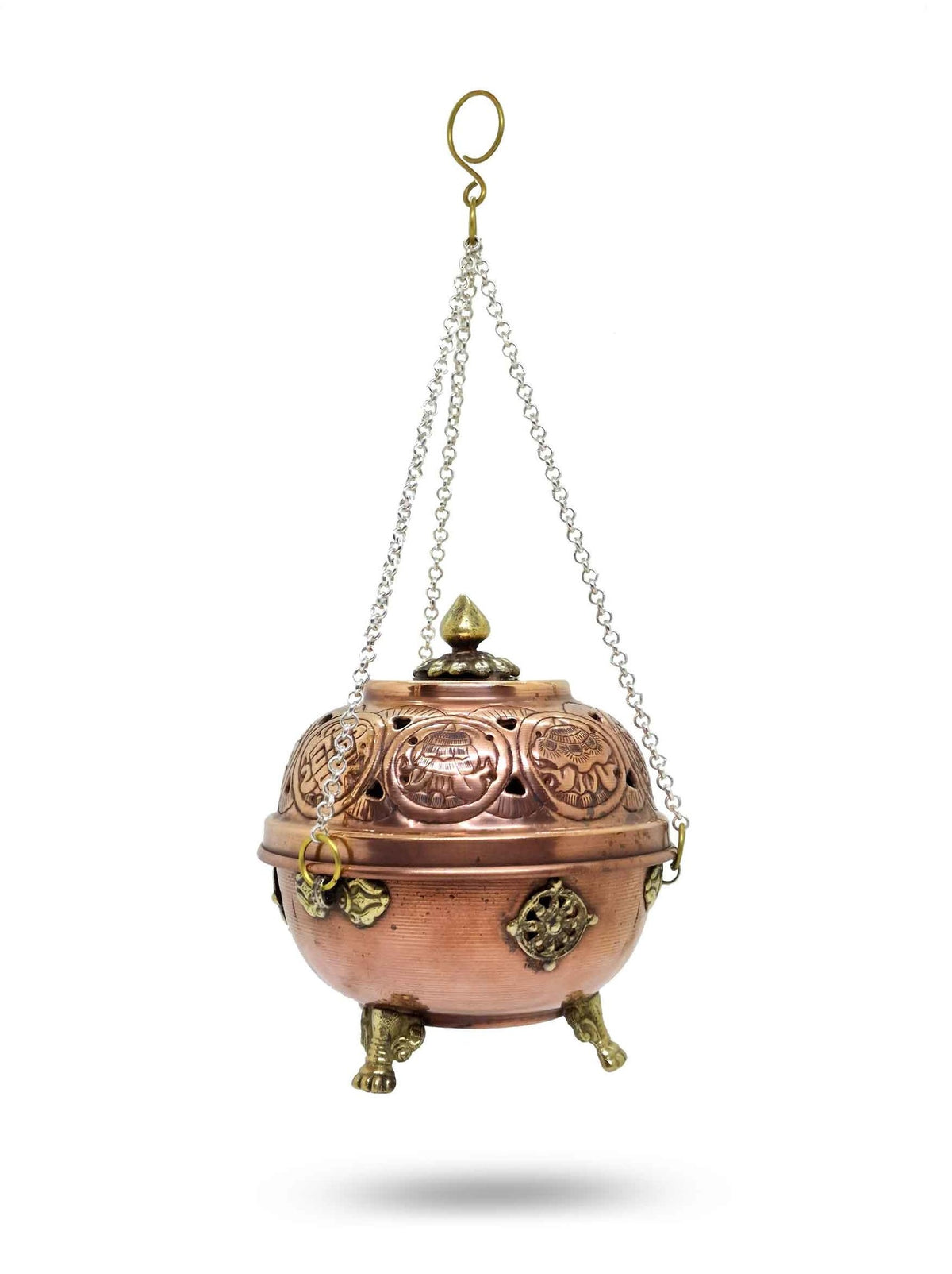 Tibetan Incense Powder Burner With Chain, Carved With Mantra / Dragon